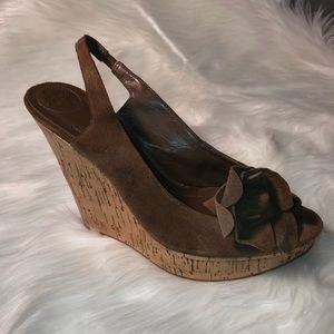 BCBGeneration brown suede sling back peeptoe wedge